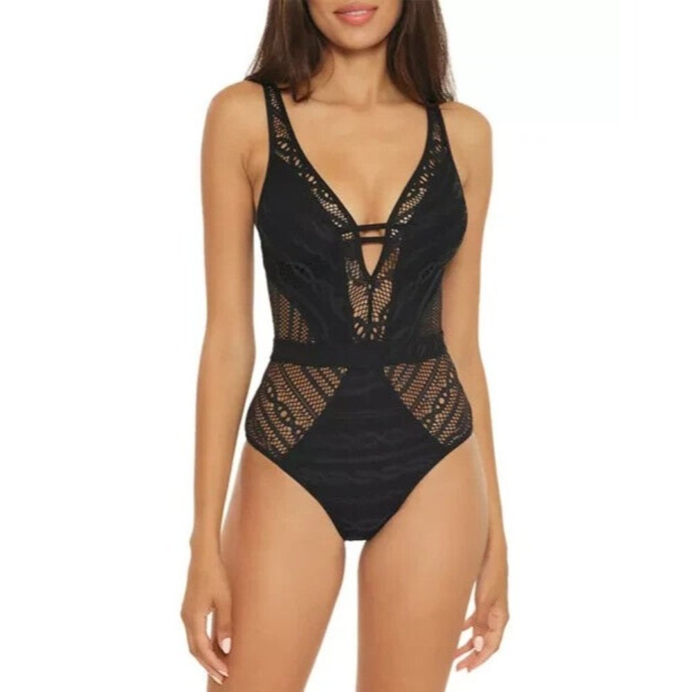 Becca By Rebecca Womens Virtue Color Play Crochet One Piece Swimsuit Size Large